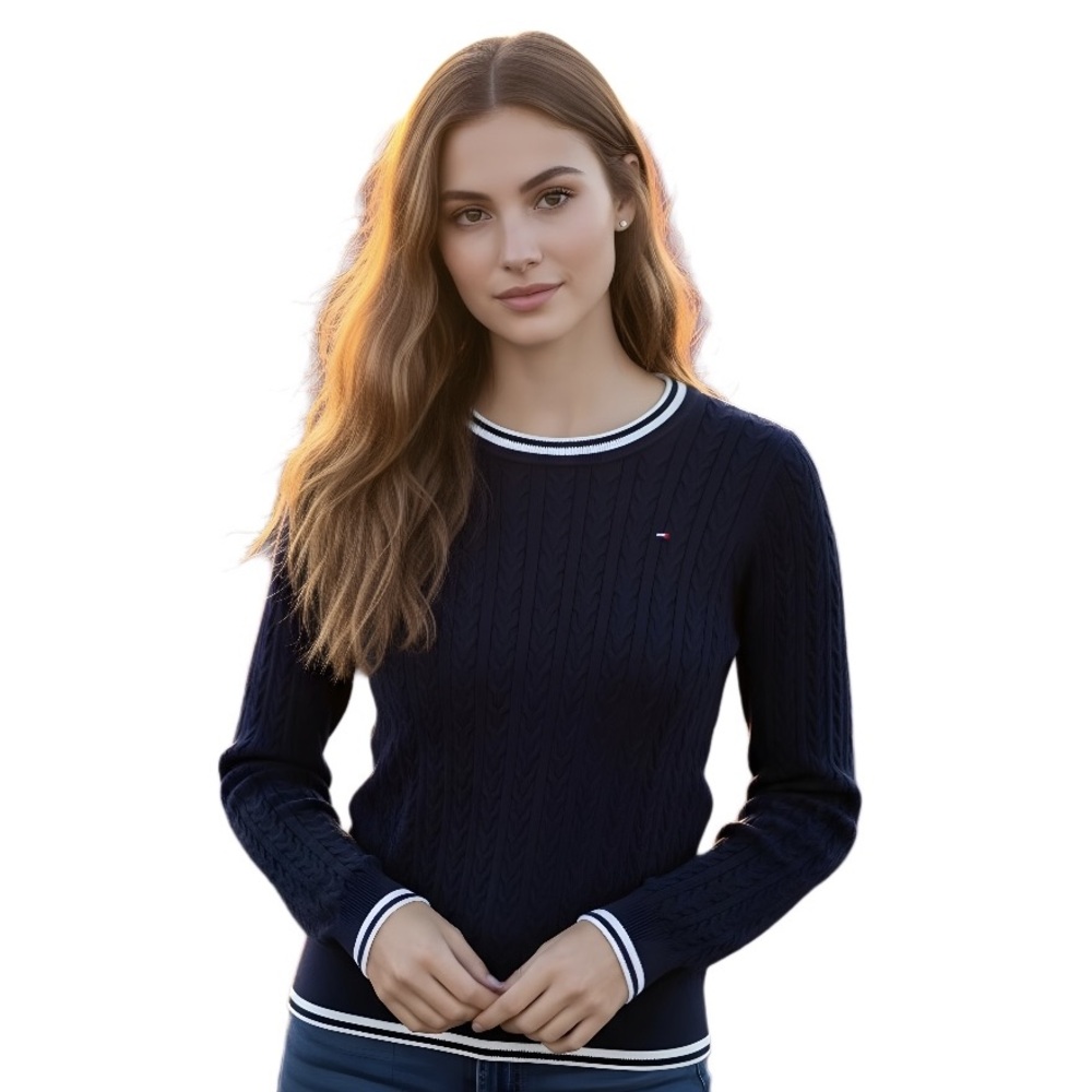 Tommy Hilfiger Navy Blue Crewneck Cable Knit Sweater with White Trim Size S/P